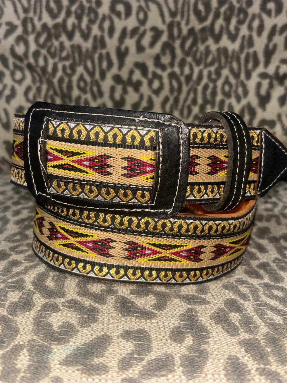 Vintage western belt metallic woven charro leather authentic cowboy belt 33”-40”